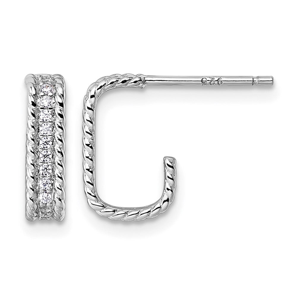 Sterling Silver Rhodium-plated CZ Textured Rectangle Post J-Hoop Earrings