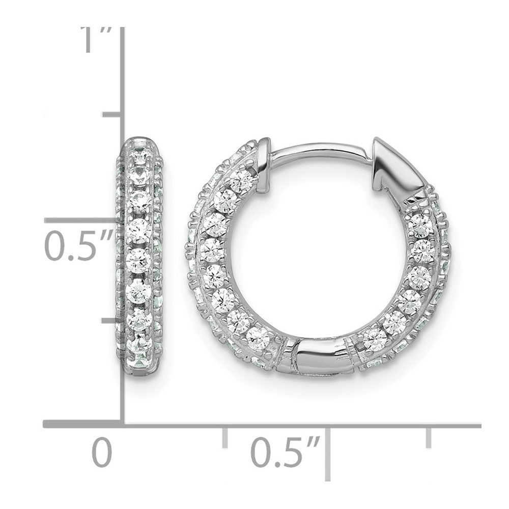 Sterling Silver RH-plated Polished CZ Hinged Round Hoop Earrings