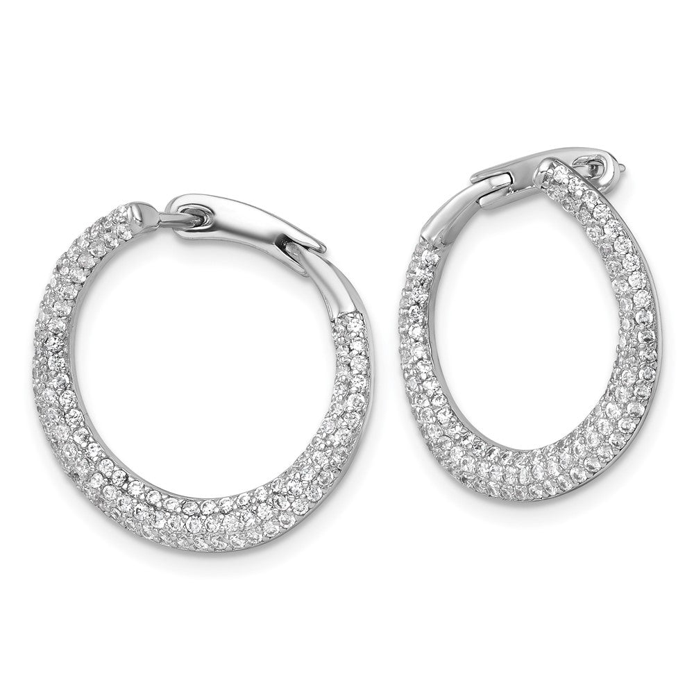 Sterling Silver RH-plated Pave CZ Hinged Round Hoop Earrings