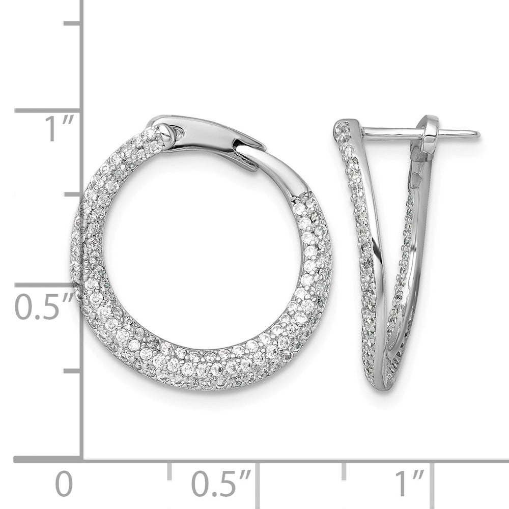 Sterling Silver RH-plated Pave CZ Hinged Round Hoop Earrings