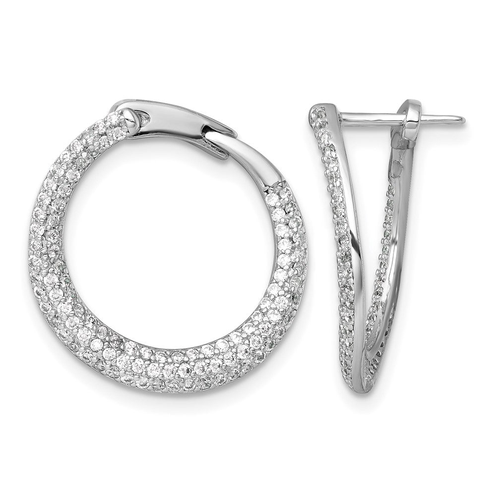 Sterling Silver RH-plated Pave CZ Hinged Round Hoop Earrings