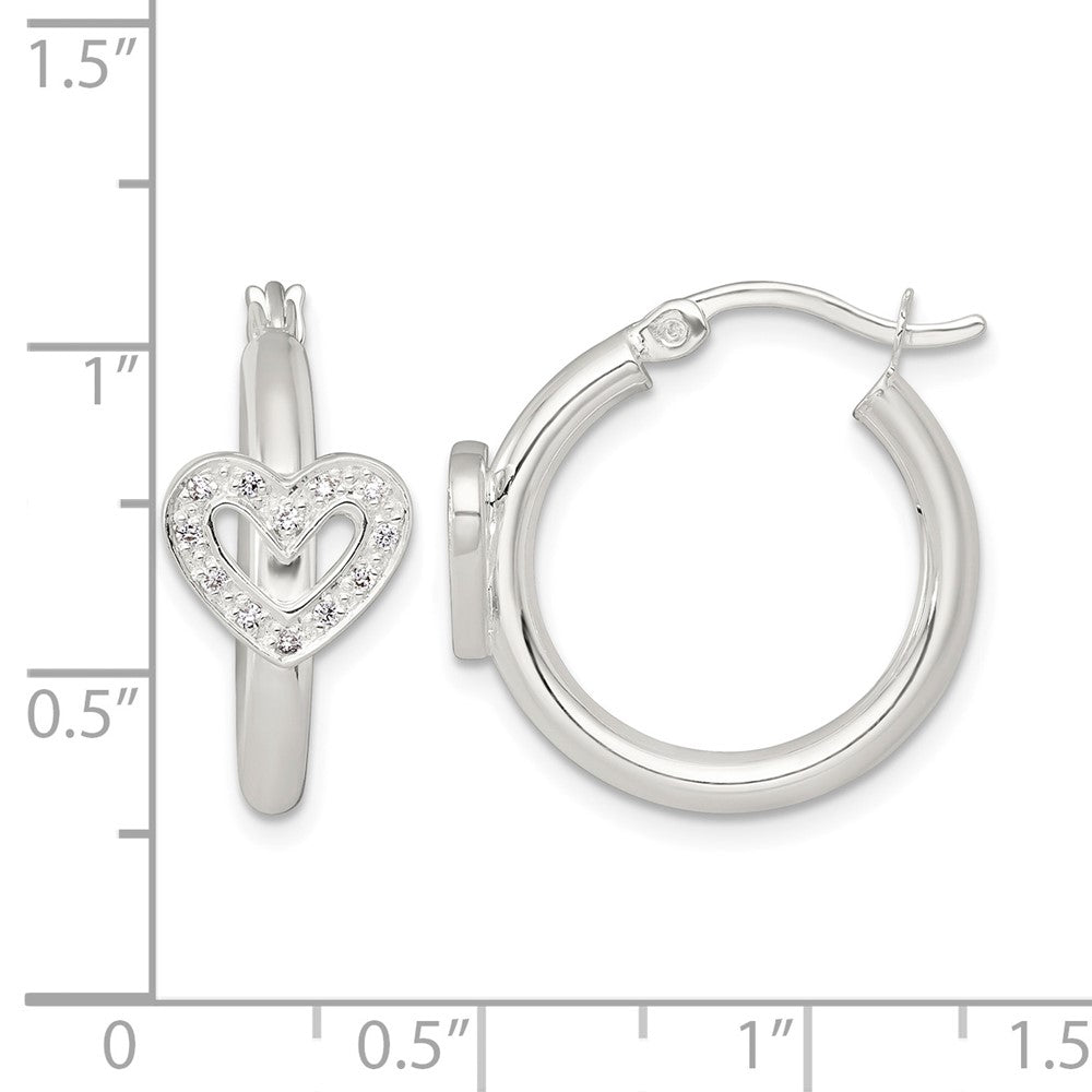 Sterling Silver Polished CZ Heart Round Hoop Earrings