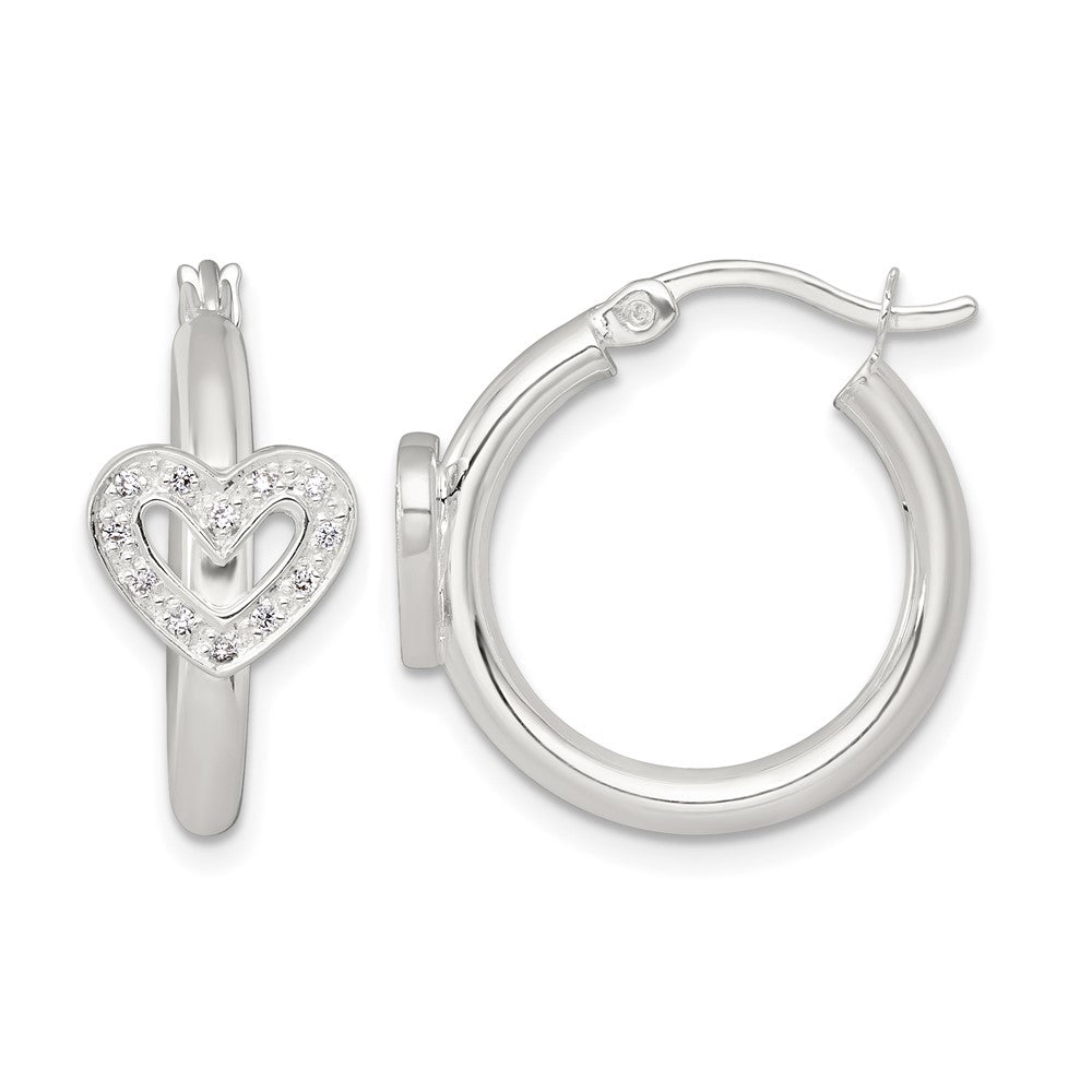 Sterling Silver Polished CZ Heart Round Hoop Earrings