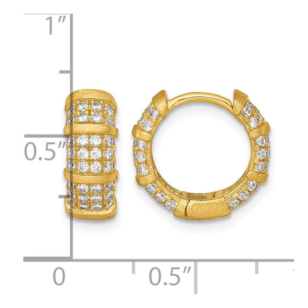 Sterling Silver Gold-Tone Polished/Textured CZ Hinged Round Hoop Earrings