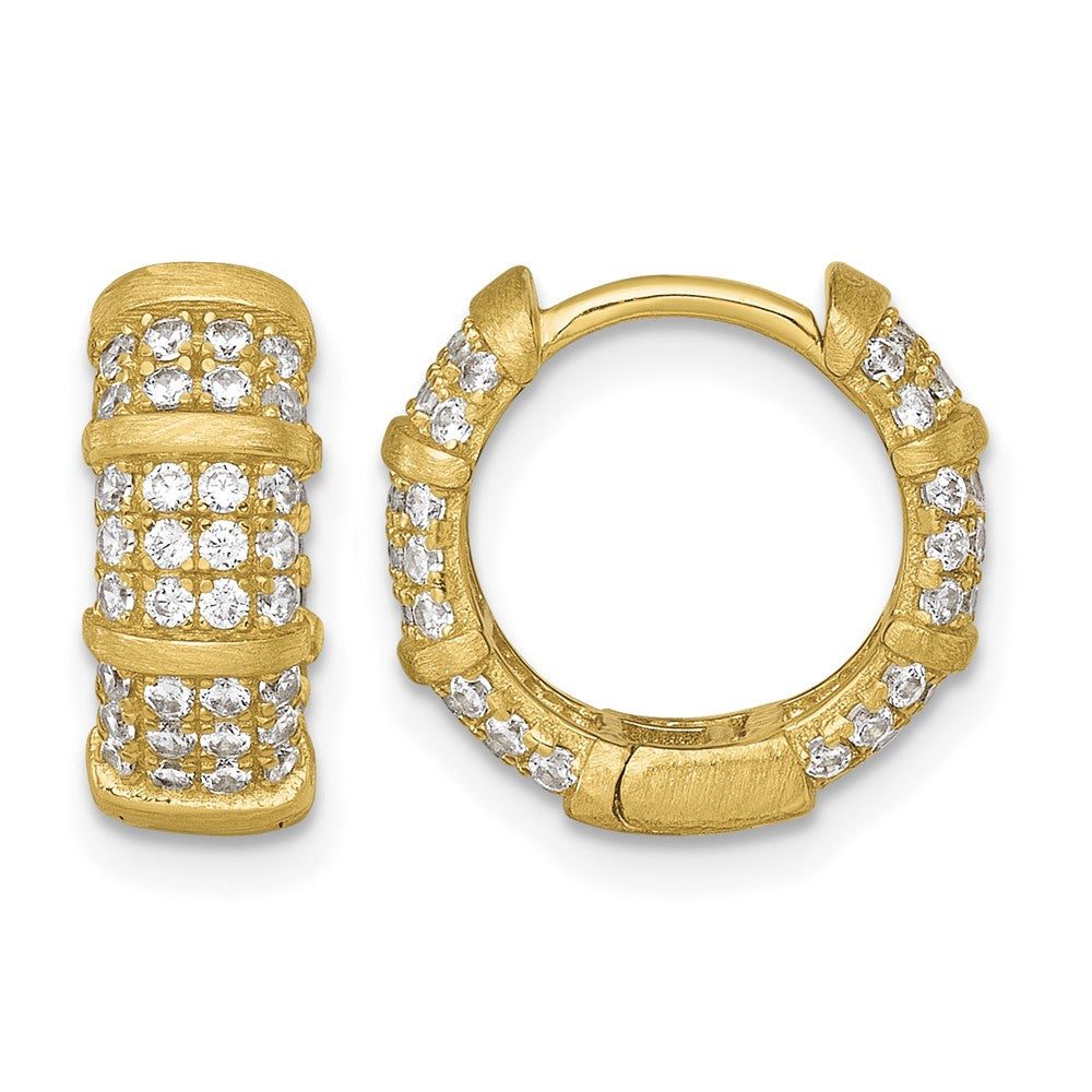 Sterling Silver Gold-Tone Polished/Textured CZ Hinged Round Hoop Earrings