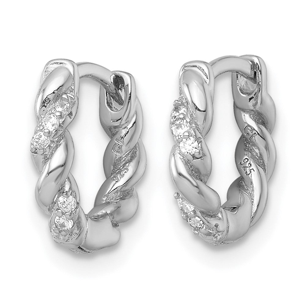 Sterling Silver RH-plated Polished and Twisted CZ Hinged Hoop Earrings