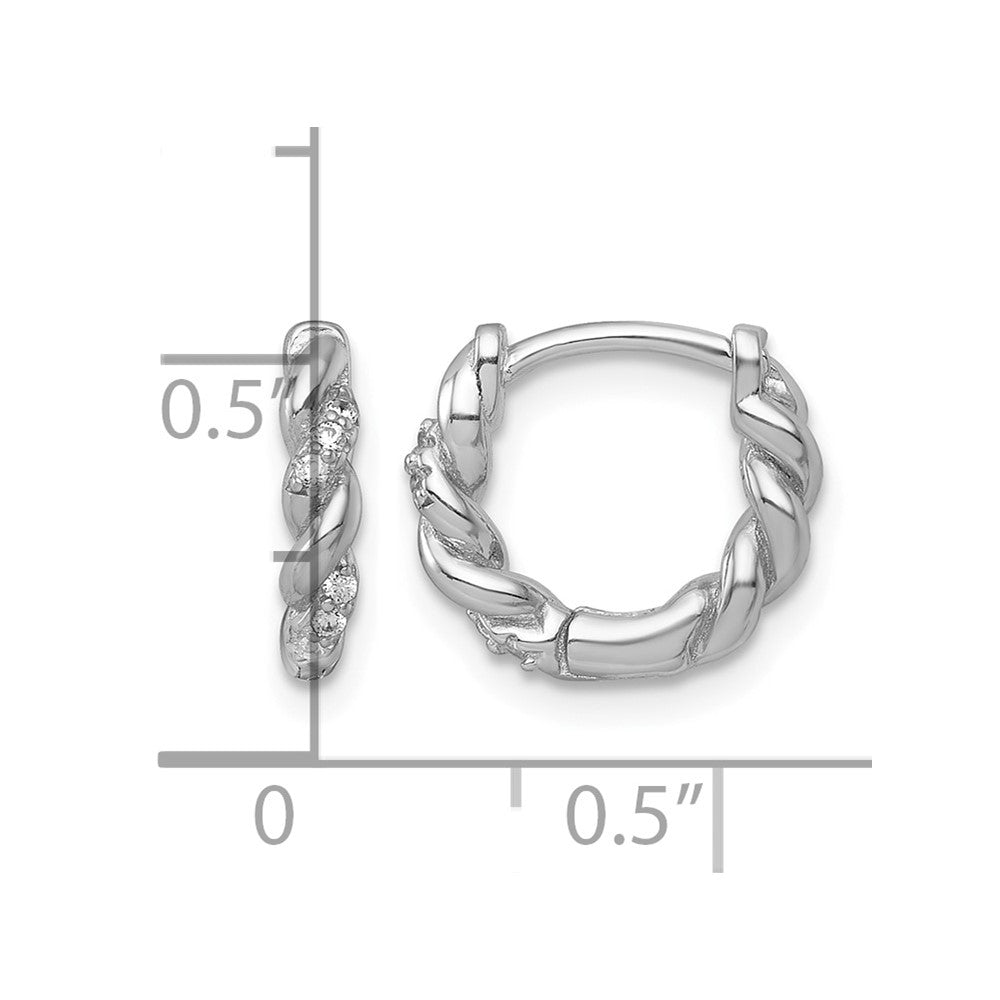 Sterling Silver RH-plated Polished and Twisted CZ Hinged Hoop Earrings