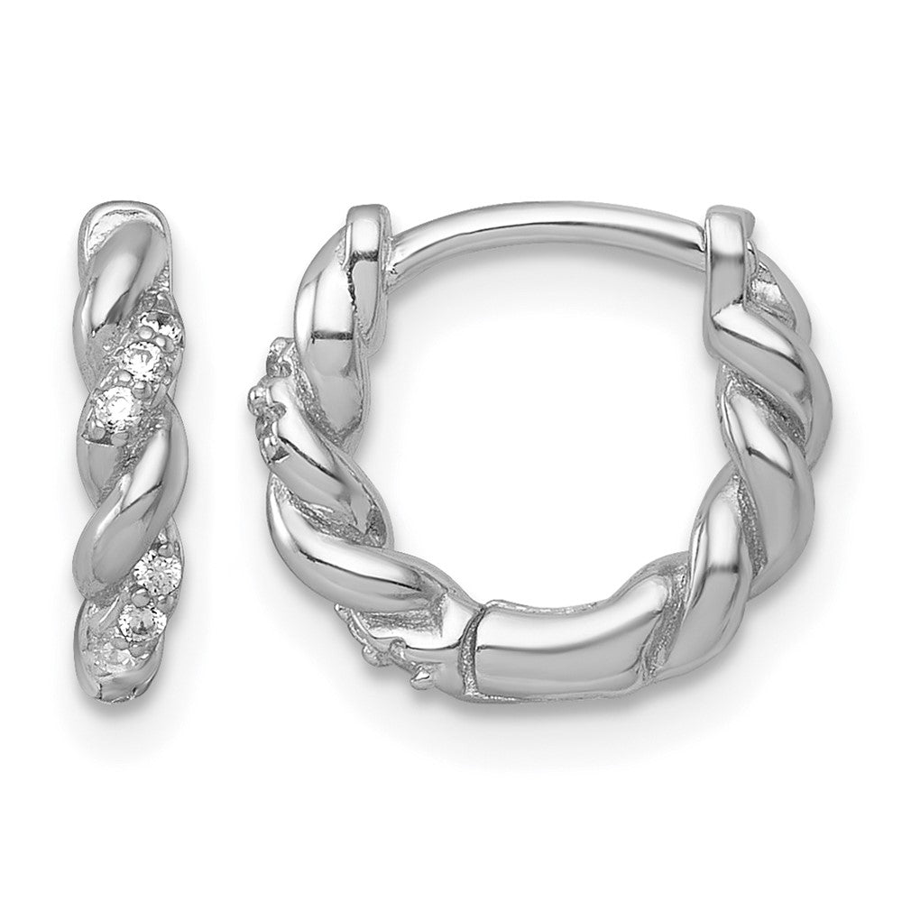 Sterling Silver RH-plated Polished and Twisted CZ Hinged Hoop Earrings