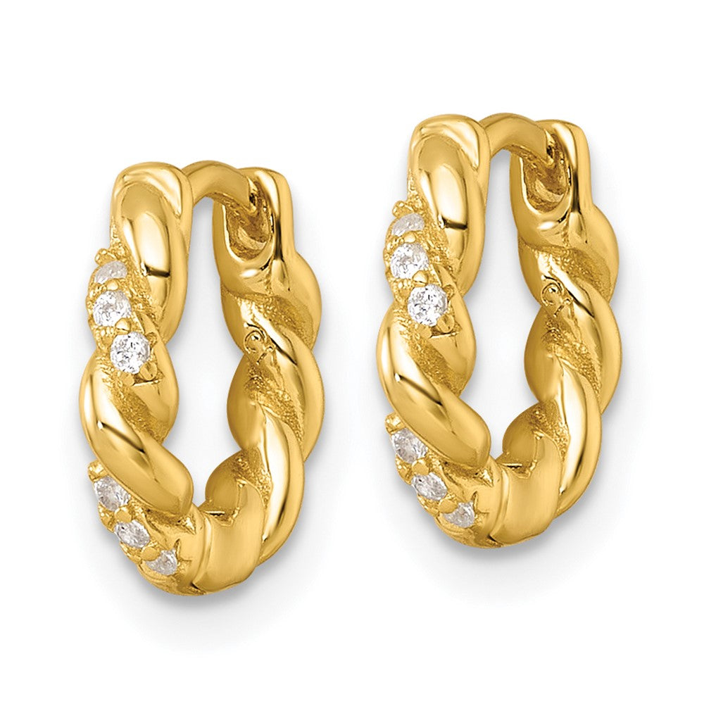 Sterling Silver Gold-tone Polished and Twisted CZ Hinged Hoop Earrings