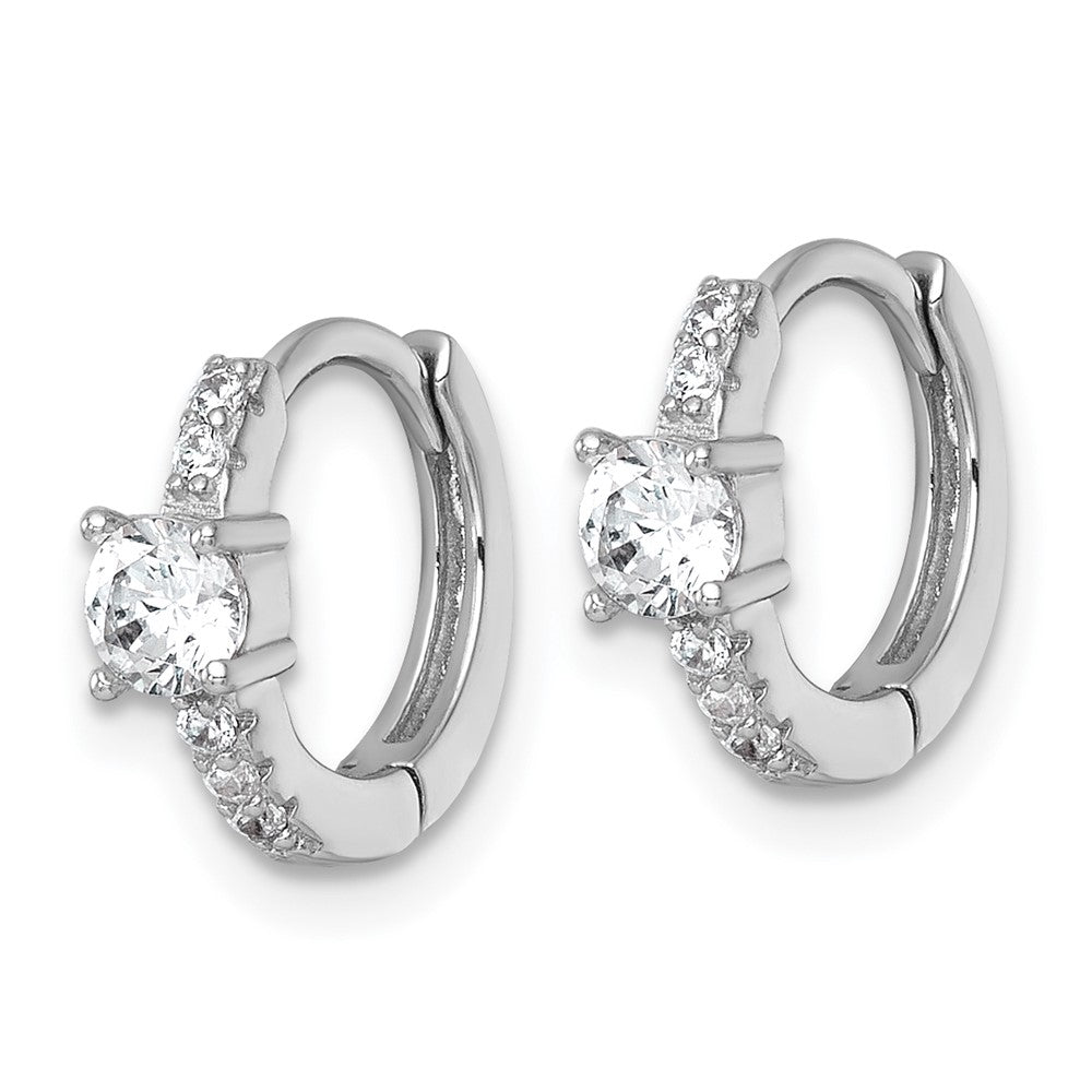 Sterling Silver RH-plated Polished CZ Hinged Round Hoop Earrings