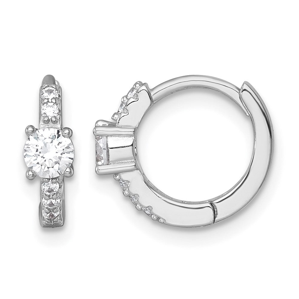Sterling Silver RH-plated Polished CZ Hinged Round Hoop Earrings