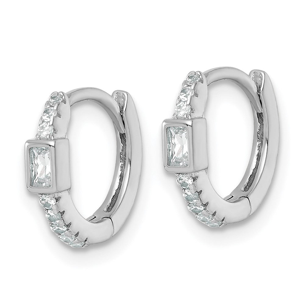 Sterling Silver RH-plated Round/Rectangular CZ Hinged Round Hoop Earrings