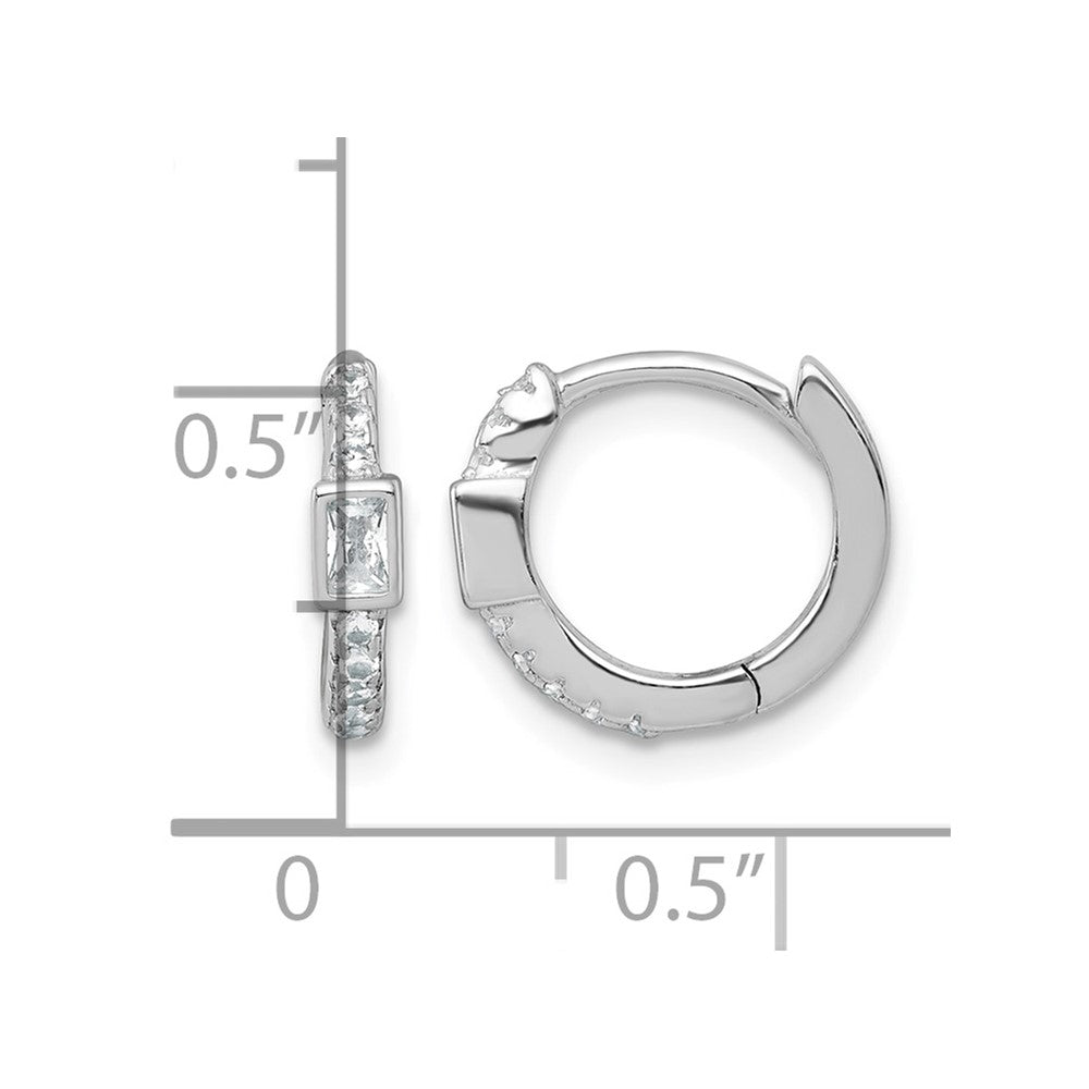 Sterling Silver RH-plated Round/Rectangular CZ Hinged Round Hoop Earrings