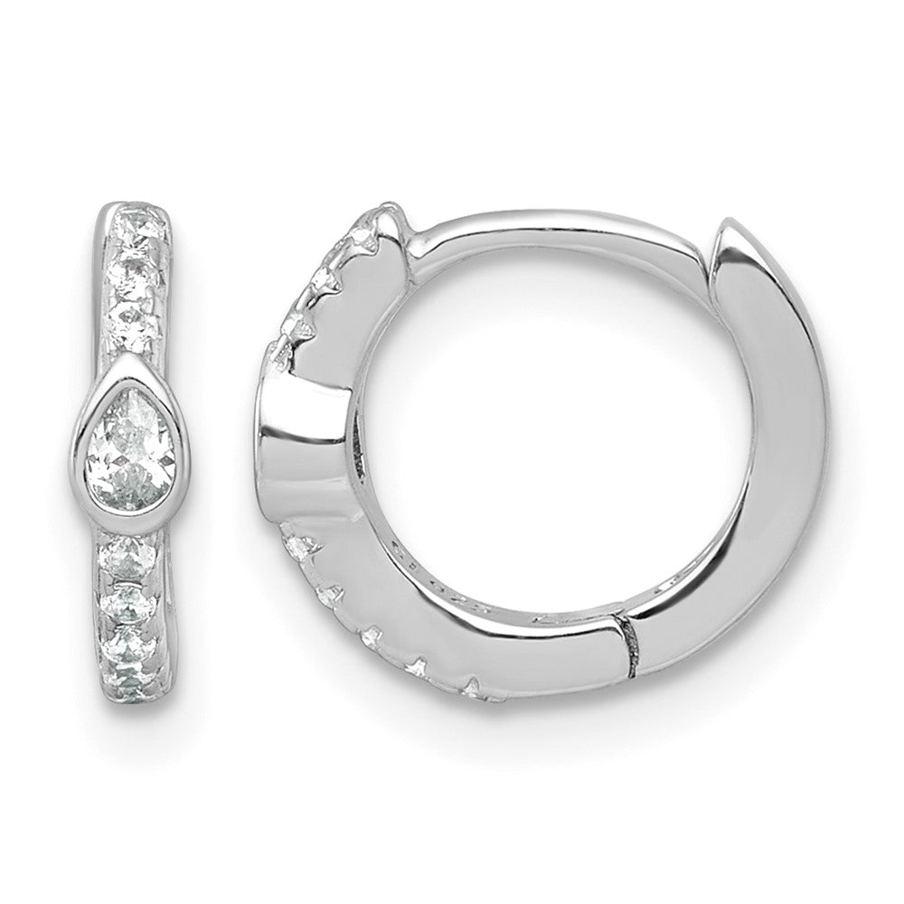 Sterling Silver RH-plated Round and Pear Shaped CZ Hinged Hoop Earrings