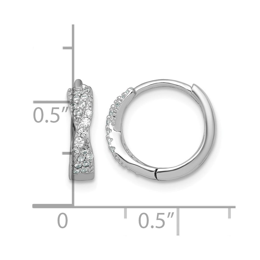 Sterling Silver RH-plated Polished CZ Hinged Round Hoop Earrings