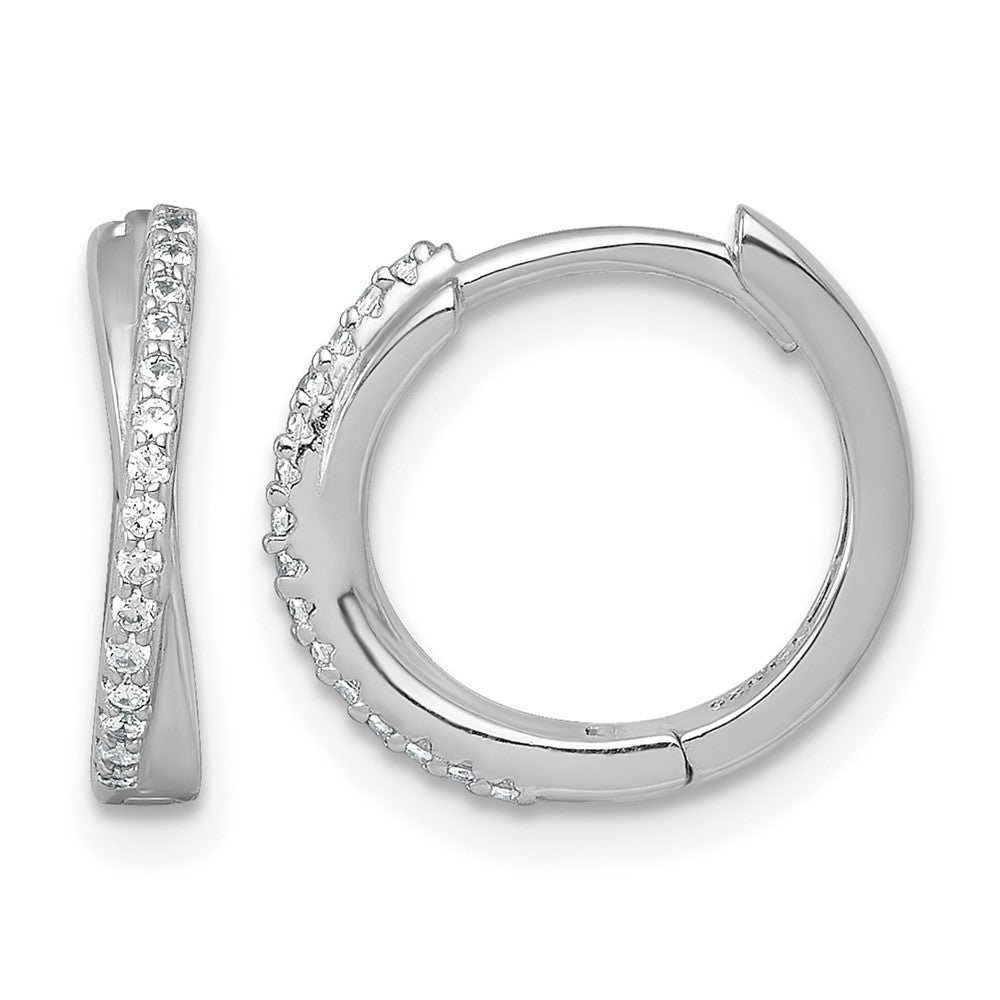 Sterling Silver Rhodium-plated Polished CZ Hinged Round Hoop Earrings