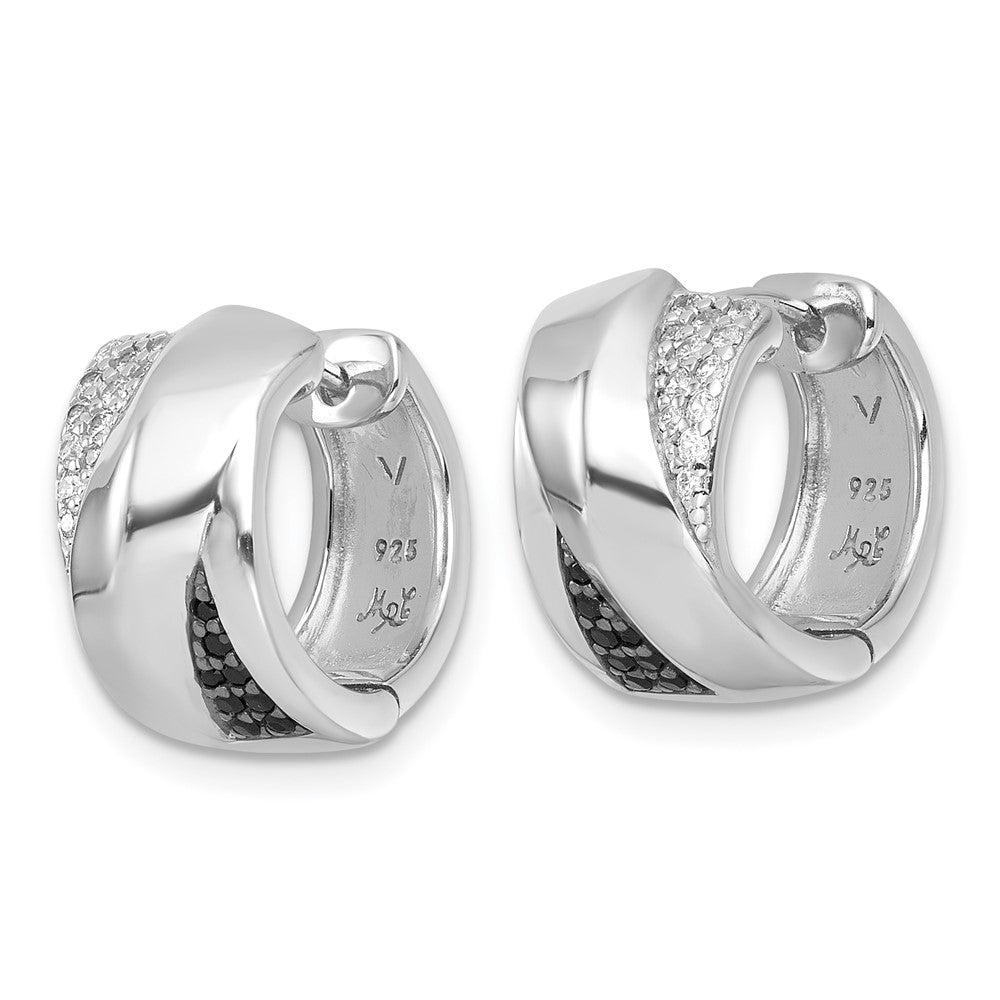 Sterling Silver RH-pltd Polished Black/White CZ Round Hinged Hoop Earrings