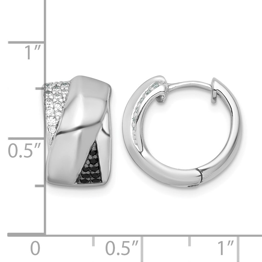 Sterling Silver RH-pltd Polished Black/White CZ Round Hinged Hoop Earrings