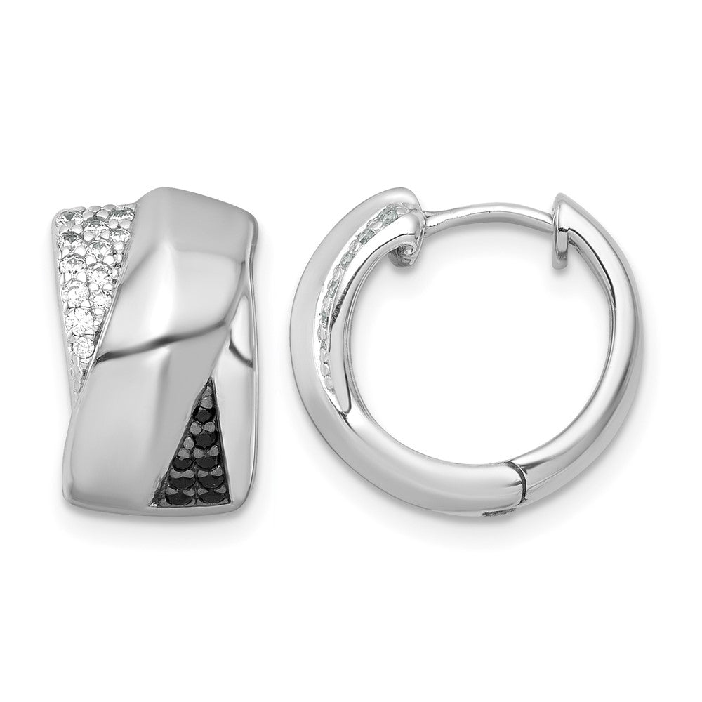 Sterling Silver RH-pltd Polished Black/White CZ Round Hinged Hoop Earrings