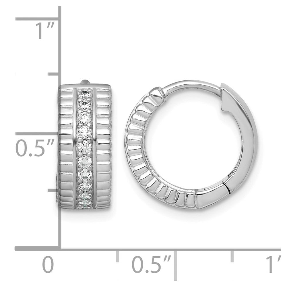 Sterling Silver RH-pltd Polished and Grooved 6.2mm CZ Hoop Earrings