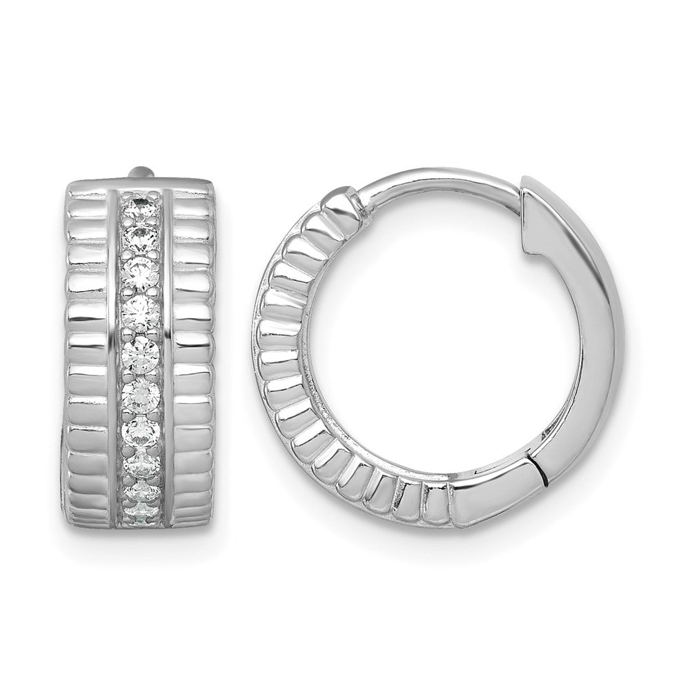 Sterling Silver RH-pltd Polished and Grooved 6.2mm CZ Hoop Earrings