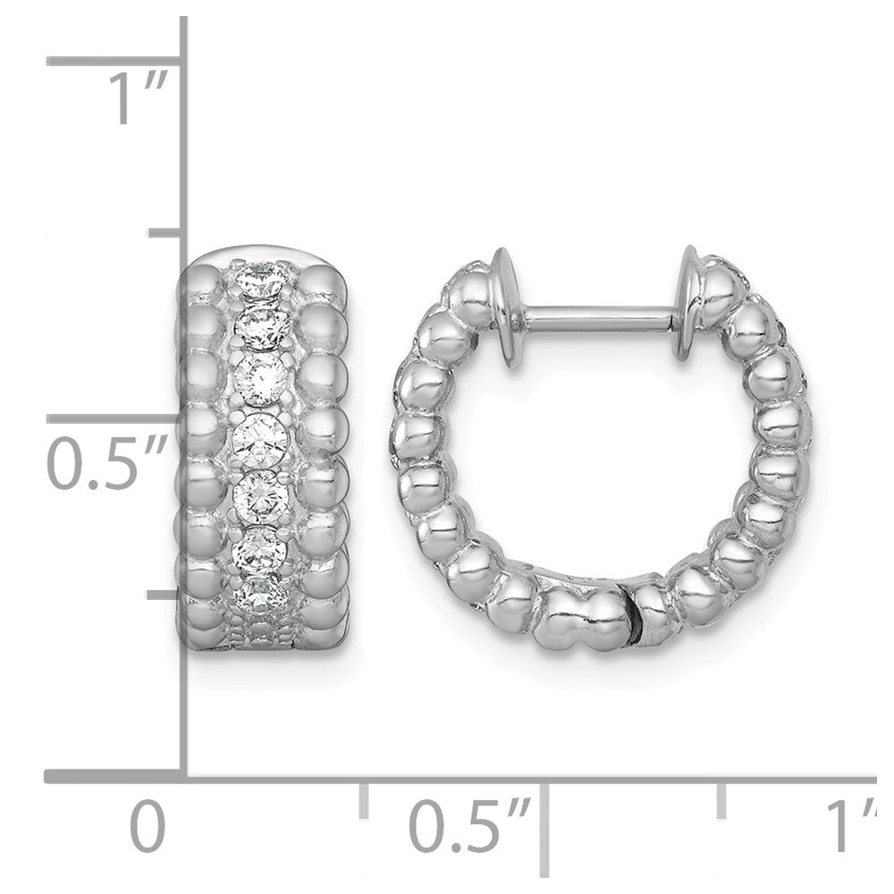 Sterling Silver RH-plated Polished and Beaded CZ Round Hoop Earrings