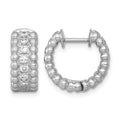 Sterling Silver RH-plated Polished and Beaded CZ Round Hoop Earrings