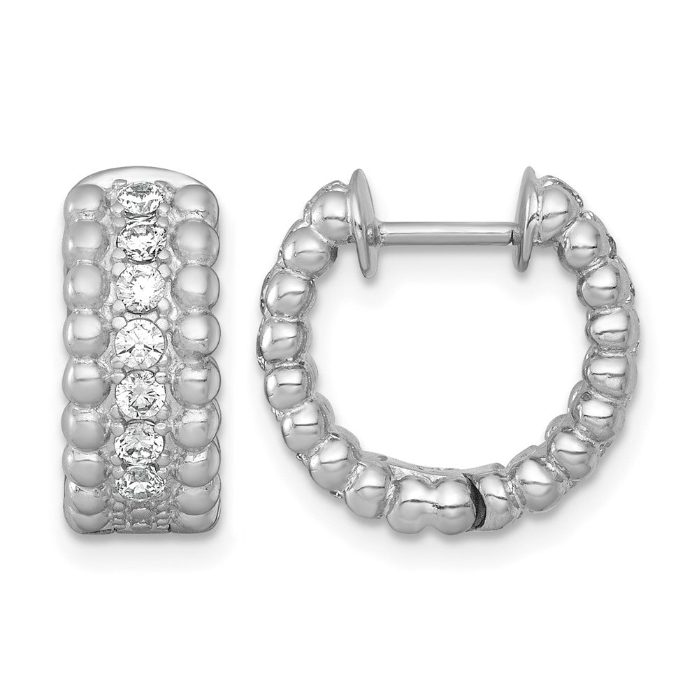 Sterling Silver RH-plated Polished and Beaded CZ Round Hoop Earrings