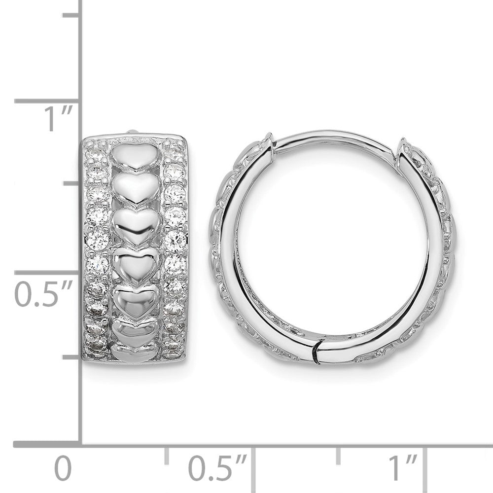 Sterling Silver Rhodium-plated CZ Polished Heart Hinged Hoop Earrings