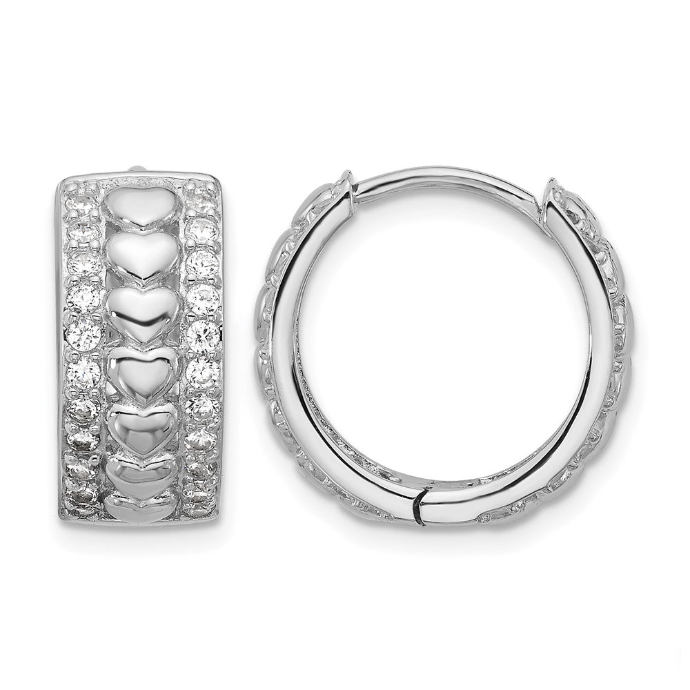 Sterling Silver Rhodium-plated CZ Polished Heart Hinged Hoop Earrings