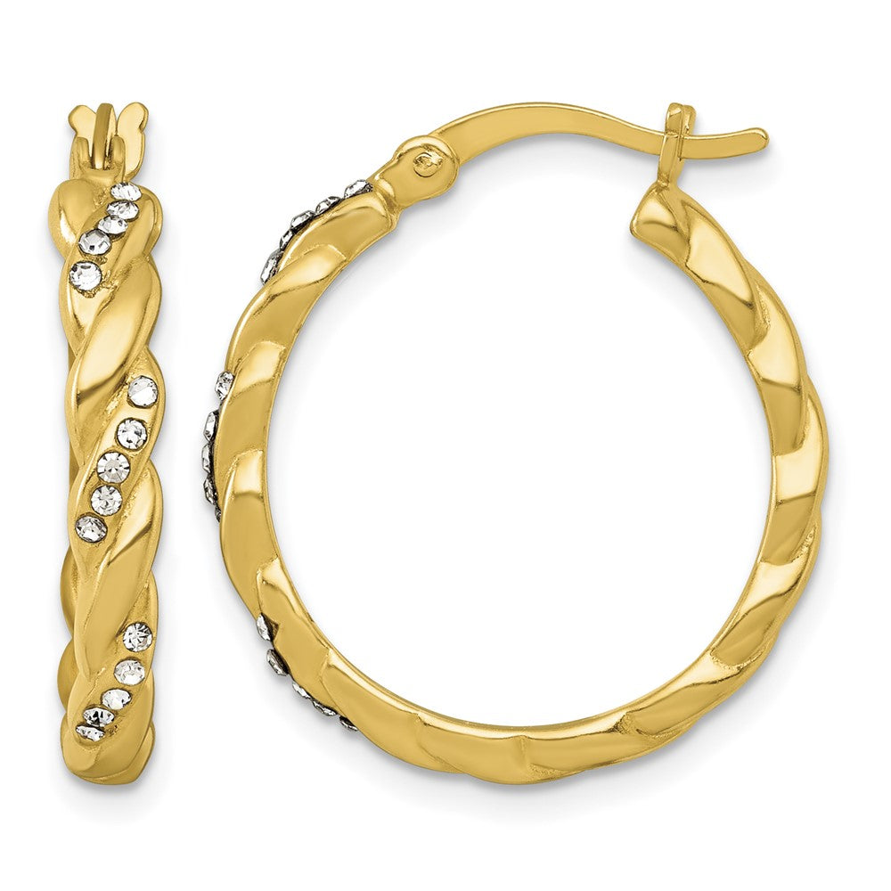 Sterling Silver Gold-tone Polished Twisted Glass Stones Round Hoop Earrings