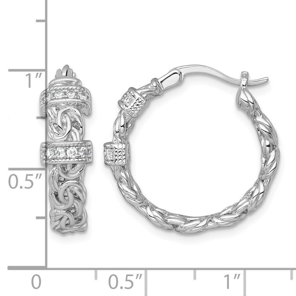 Sterling Silver RH-plated Polished CZ Byzantine Link Round Hoop Earrings