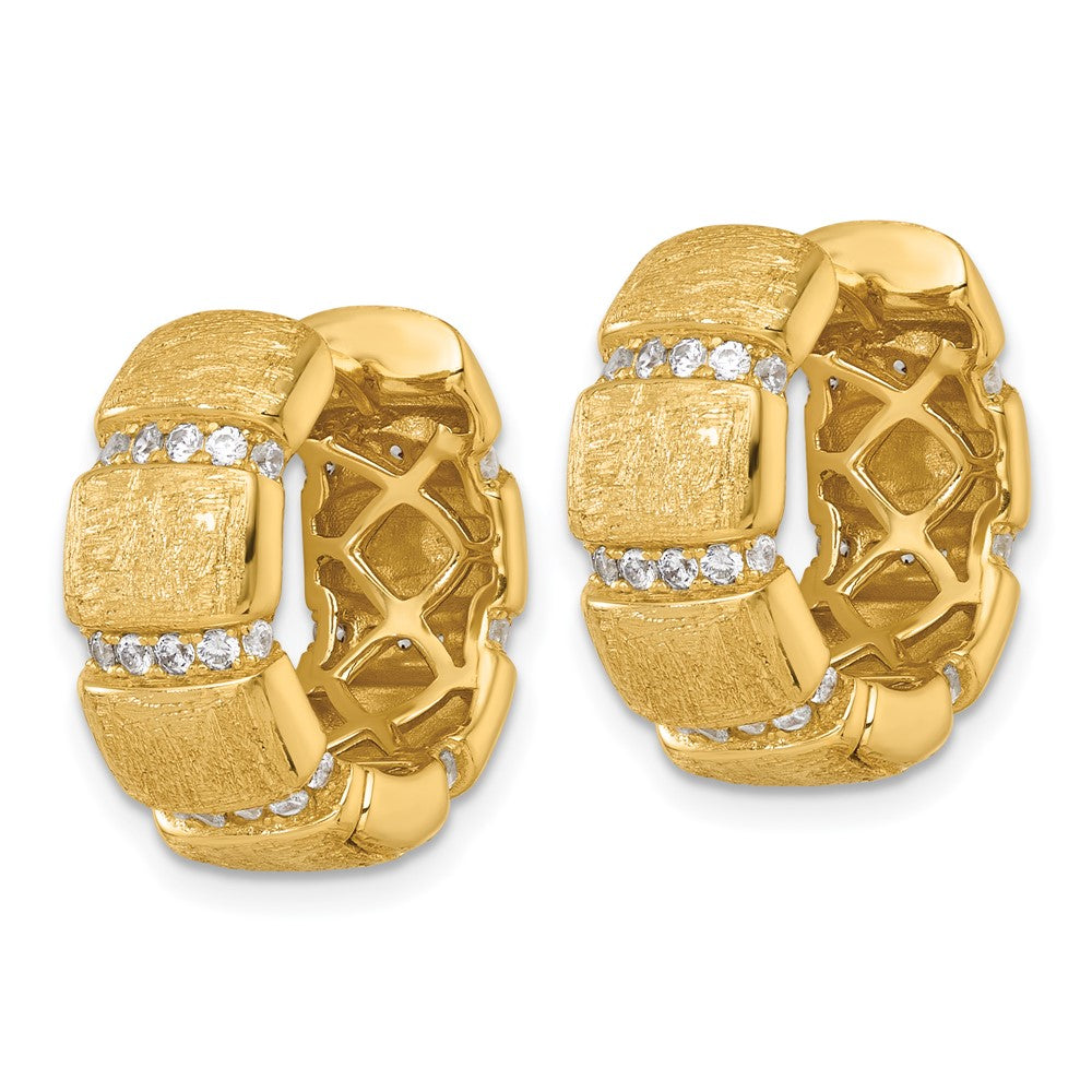 Sterling Silver Gold-Tone Polish/Textured CZ 8mm Hinged Hoop Earrings