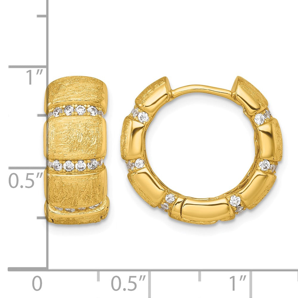 Sterling Silver Gold-Tone Polish/Textured CZ 8mm Hinged Hoop Earrings