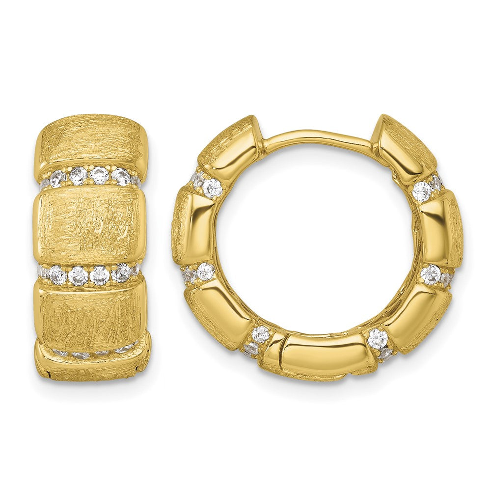 Sterling Silver Gold-Tone Polish/Textured CZ 8mm Hinged Hoop Earrings