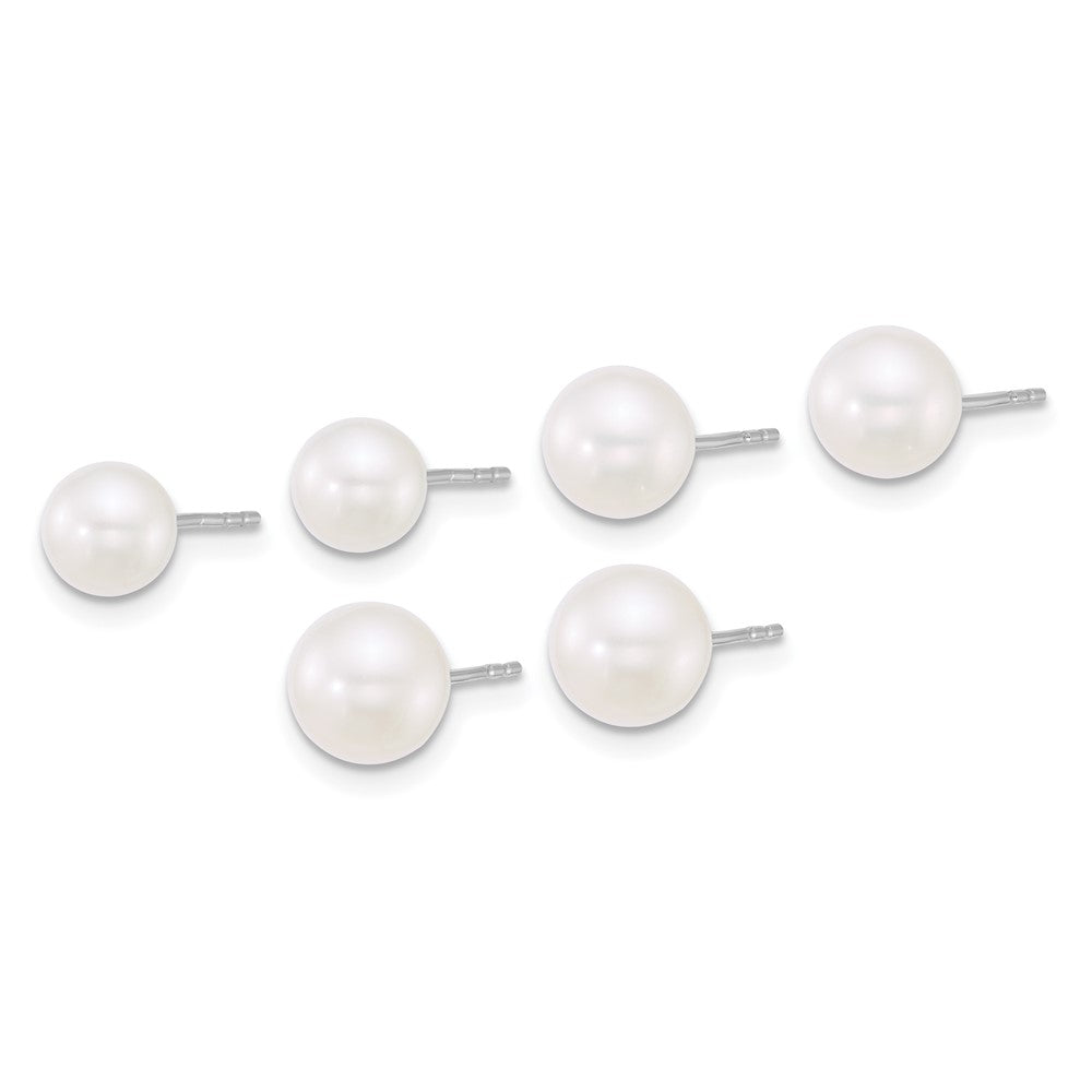 Sterling Silver Rhod 5-6mm/6-7mm/7-8mm FWC 3 pair Pearl Earring Set