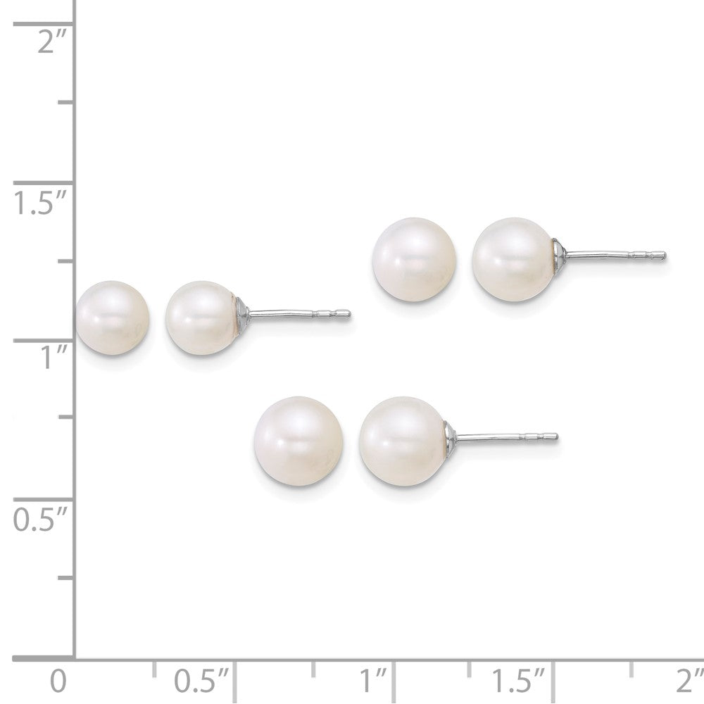 Sterling Silver Rhod 5-6mm/6-7mm/7-8mm FWC 3 pair Pearl Earring Set