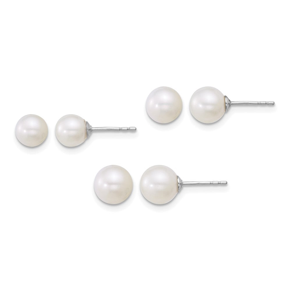 Sterling Silver Rhod 5-6mm/6-7mm/7-8mm FWC 3 pair Pearl Earring Set