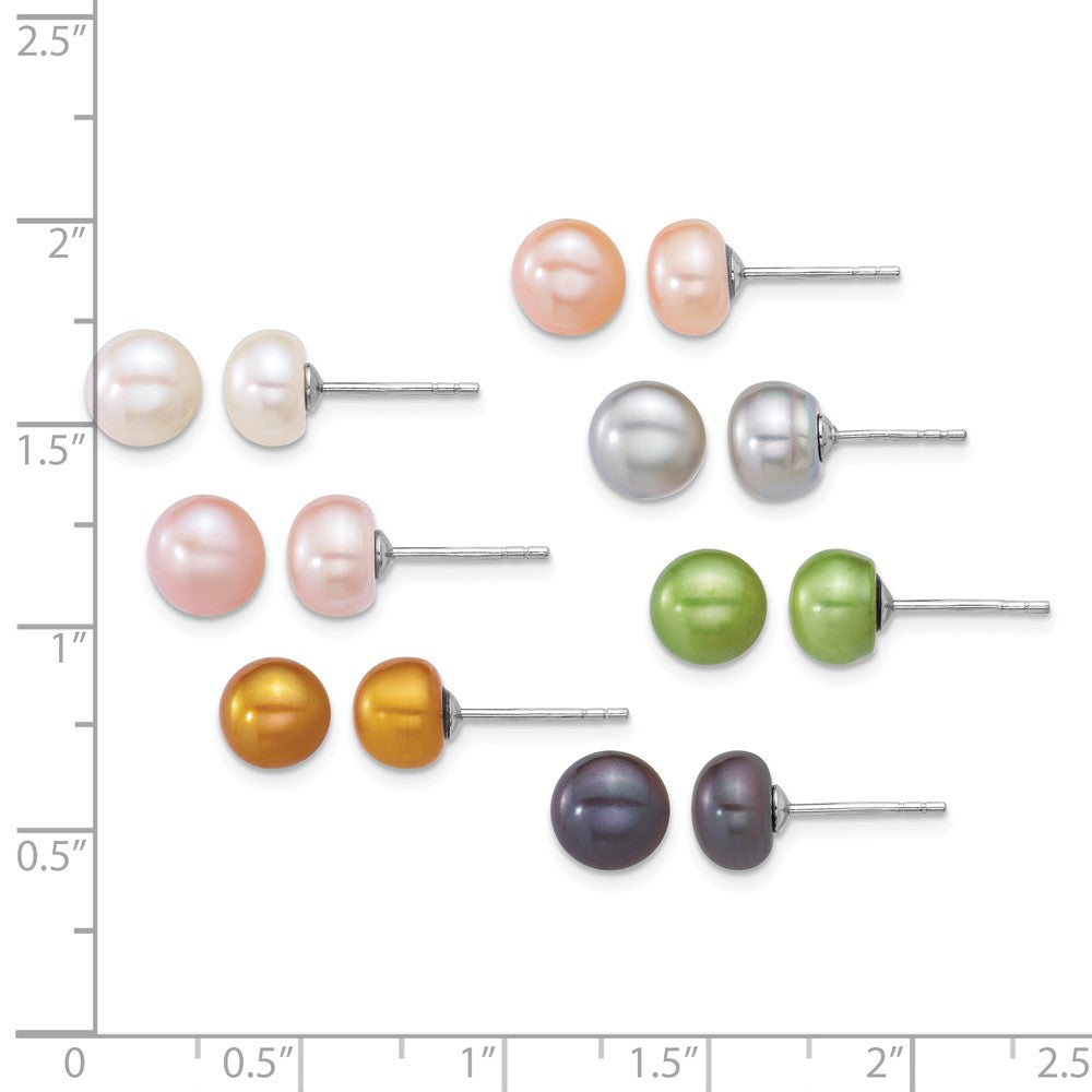 Sterling Silver Rhod 7-8mm Multicolor FWC Pearl 7 Pair Earring Set