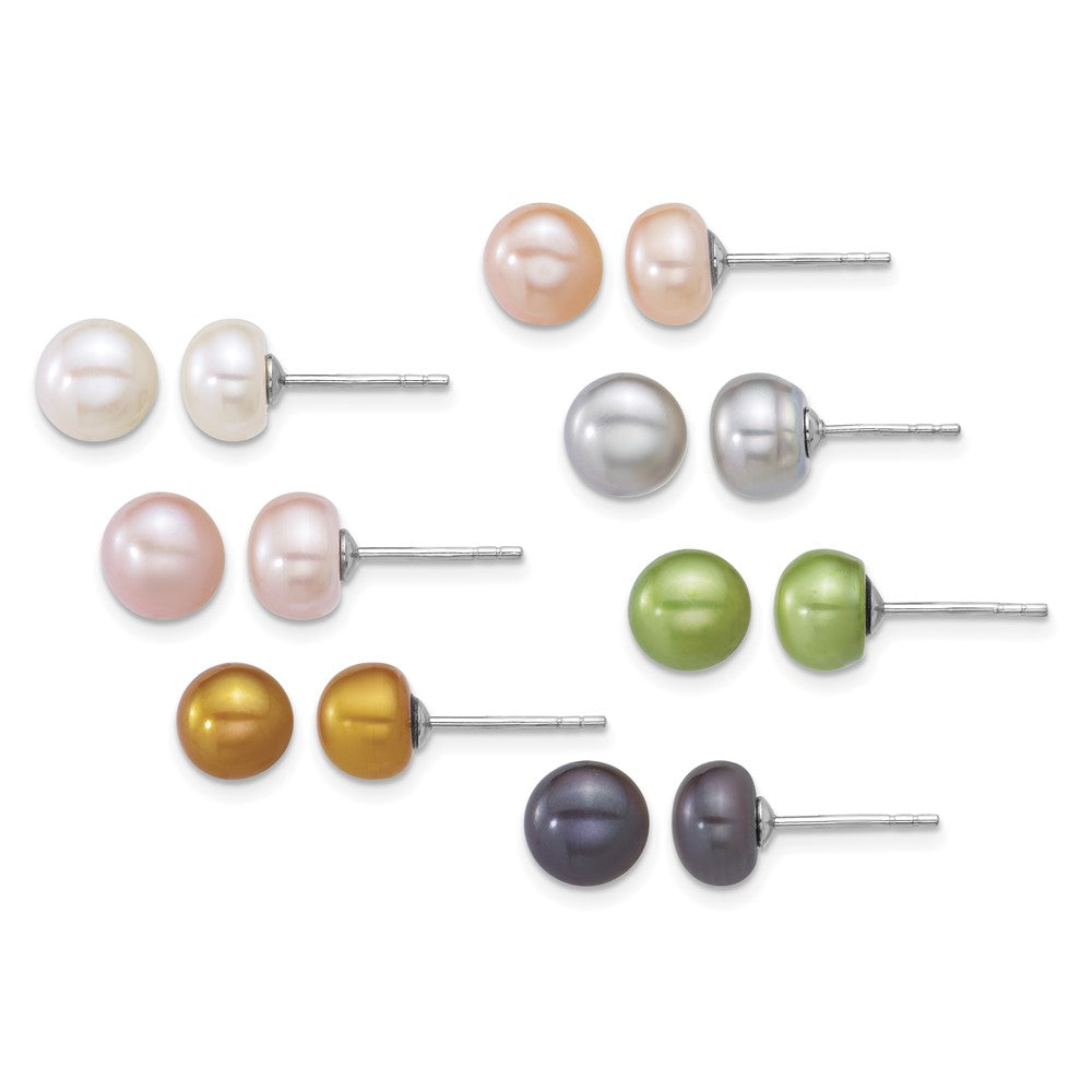 Sterling Silver Rhod 7-8mm Multicolor FWC Pearl 7 Pair Earring Set