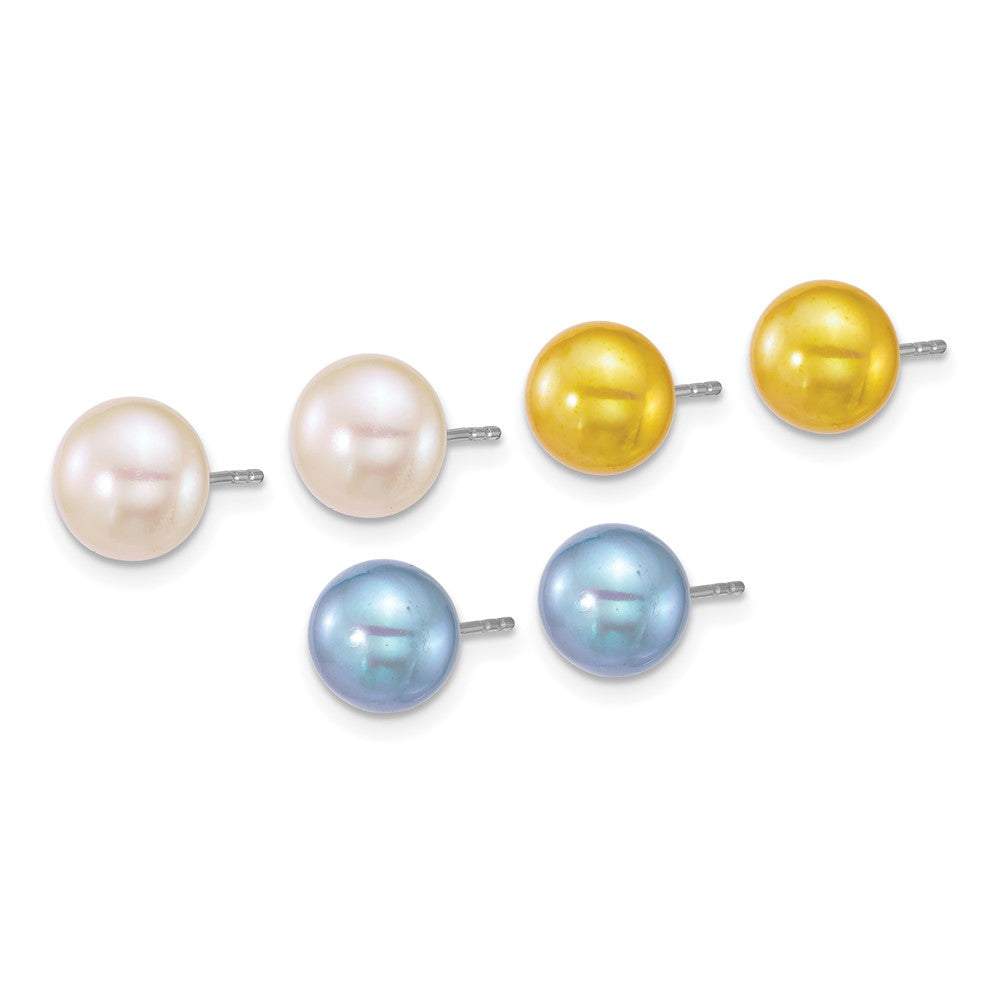 Sterling Silver Rh-plated White/Yellow/Blue FWC 3 pair Pearl Post Earrings