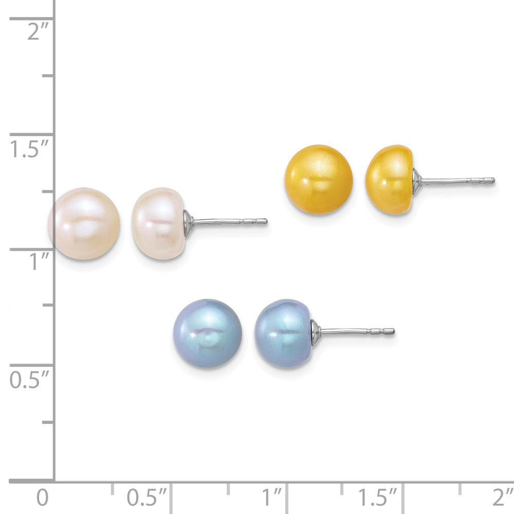 Sterling Silver Rh-plated White/Yellow/Blue FWC 3 pair Pearl Post Earrings