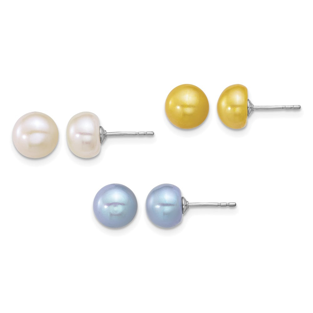Sterling Silver Rh-plated White/Yellow/Blue FWC 3 pair Pearl Post Earrings