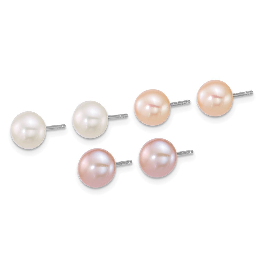 Sterling Silver Rh-plated 7-8mm MultiColor FWC Pearl Post Earring Set