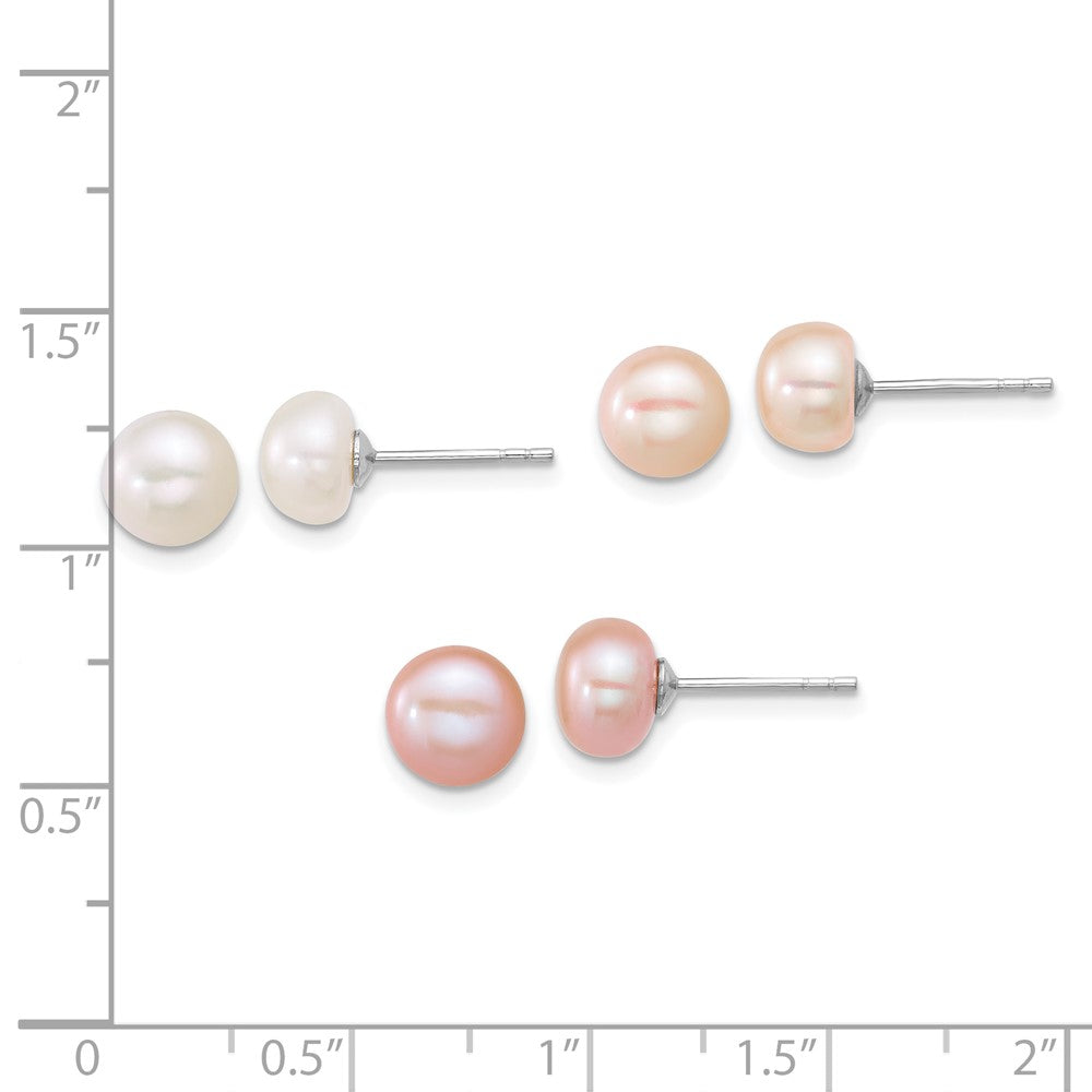 Sterling Silver Rh-plated 7-8mm MultiColor FWC Pearl Post Earring Set