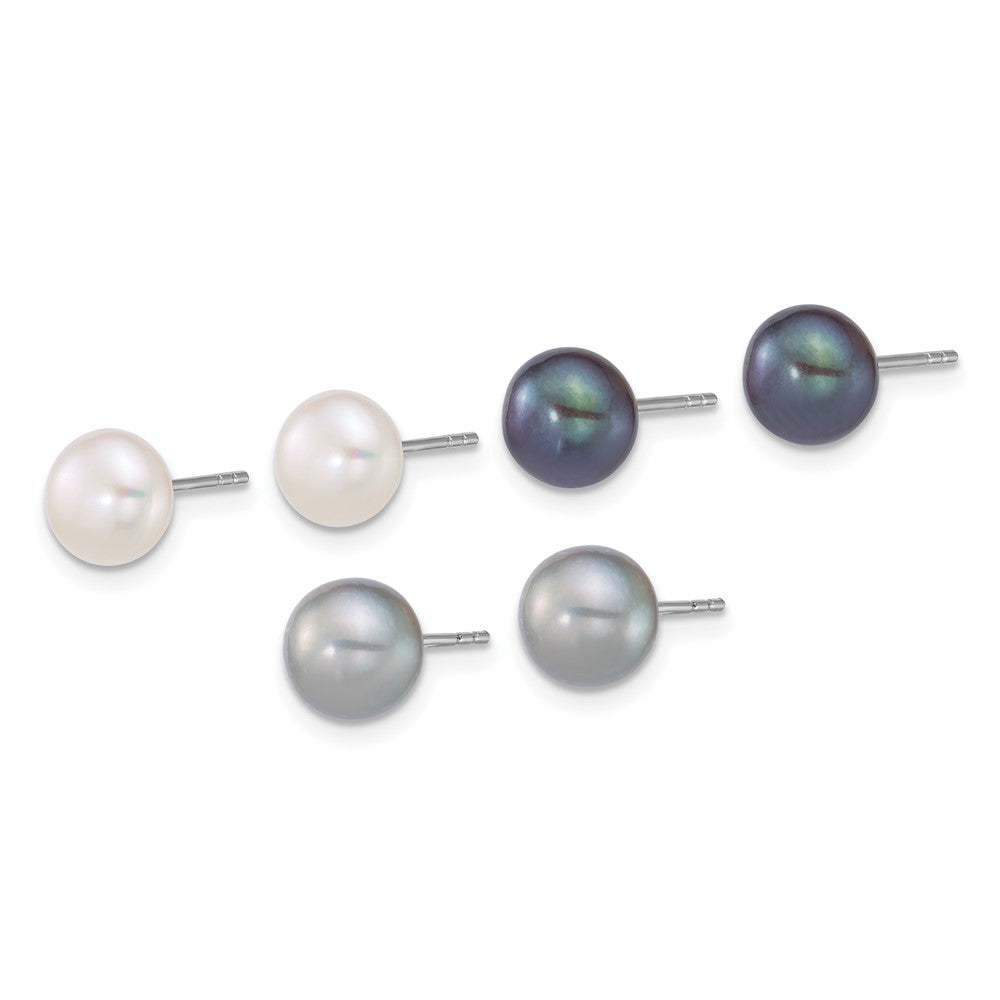 Sterling Silver Rh-plated 7-8mm Wht/Grey/Blk FWC Pearl Earrings