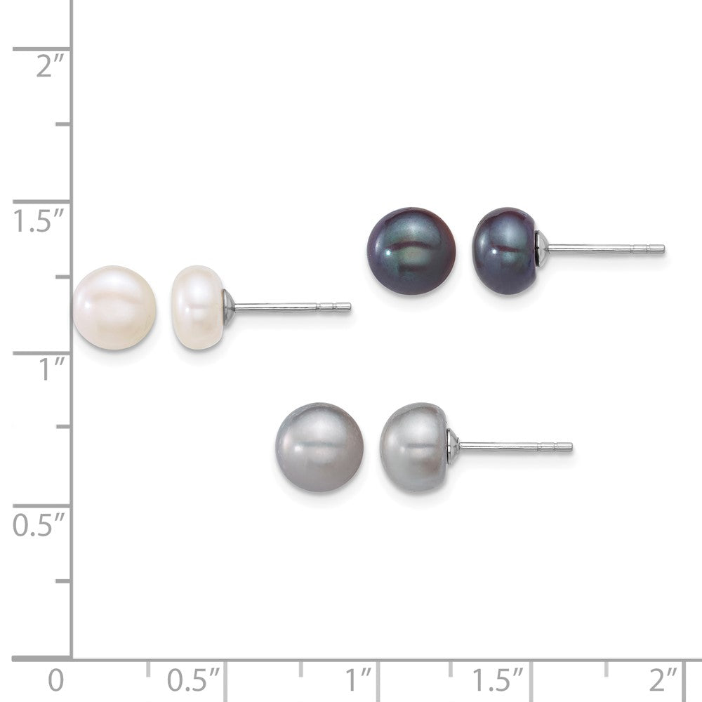 Sterling Silver Rh-plated 7-8mm Wht/Grey/Blk FWC Pearl Earrings