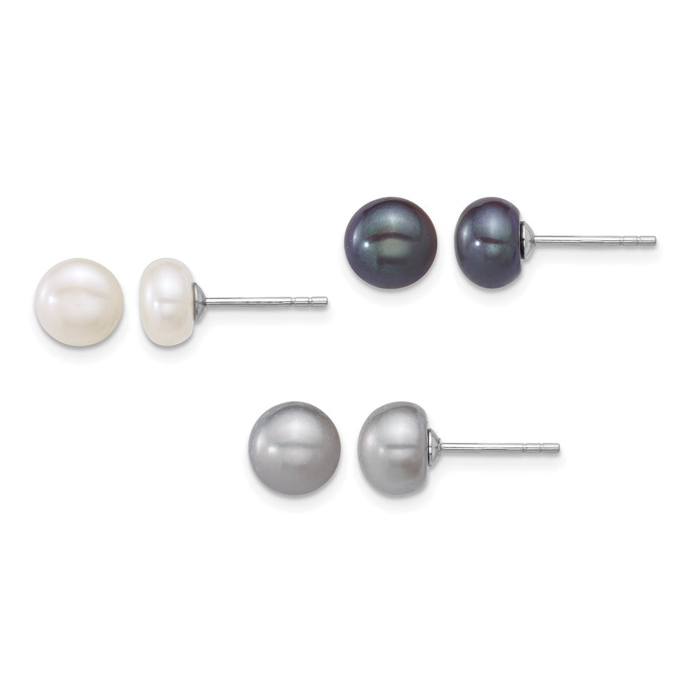Sterling Silver Rh-plated 7-8mm Wht/Grey/Blk FWC Pearl Earrings