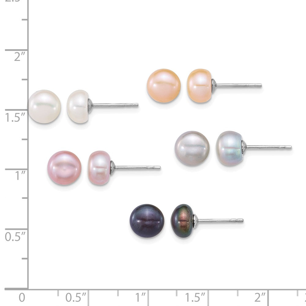 Sterling Silver Rh-plated 7-8mm Multicolor FWC Pearl 5 pair Earring Set
