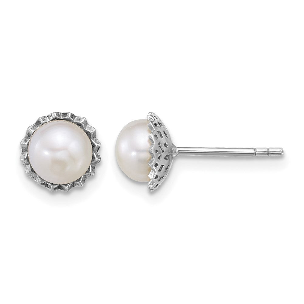 Sterling Silver Rh-plated 6-7mm Button White FWC Pearl Post Earrings
